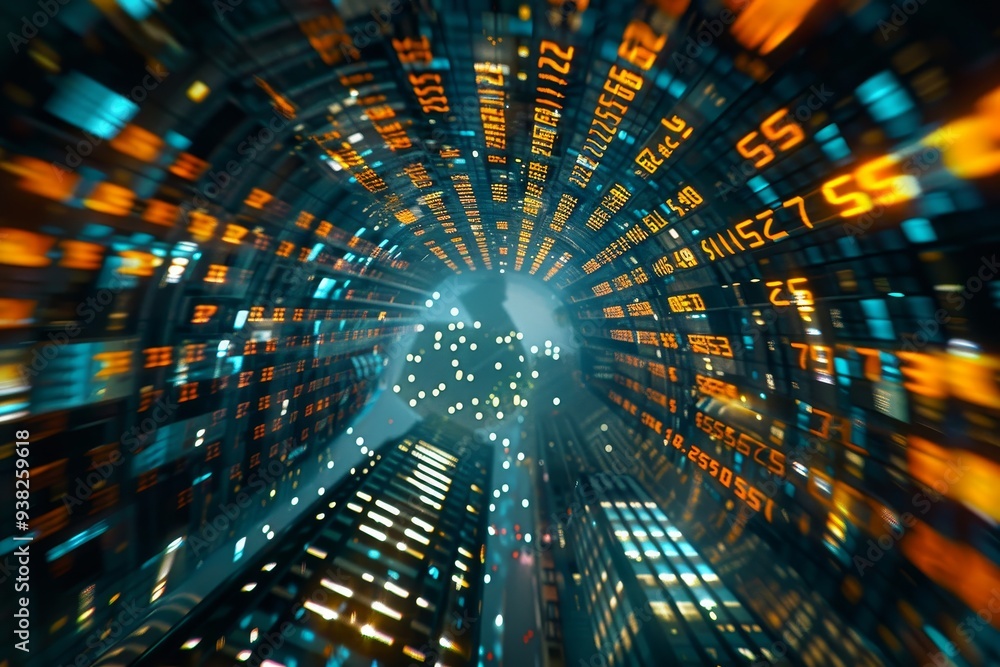 Poster circular image of bright light, kaleidoscope of numbers and charts representing market data