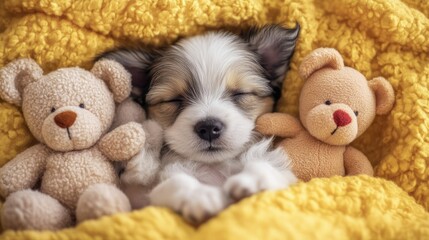 Fototapeta premium Adorable puppy nestled among teddy bears, sleeping peacefully on a soft yellow blanket, creating a heartwarming scene.