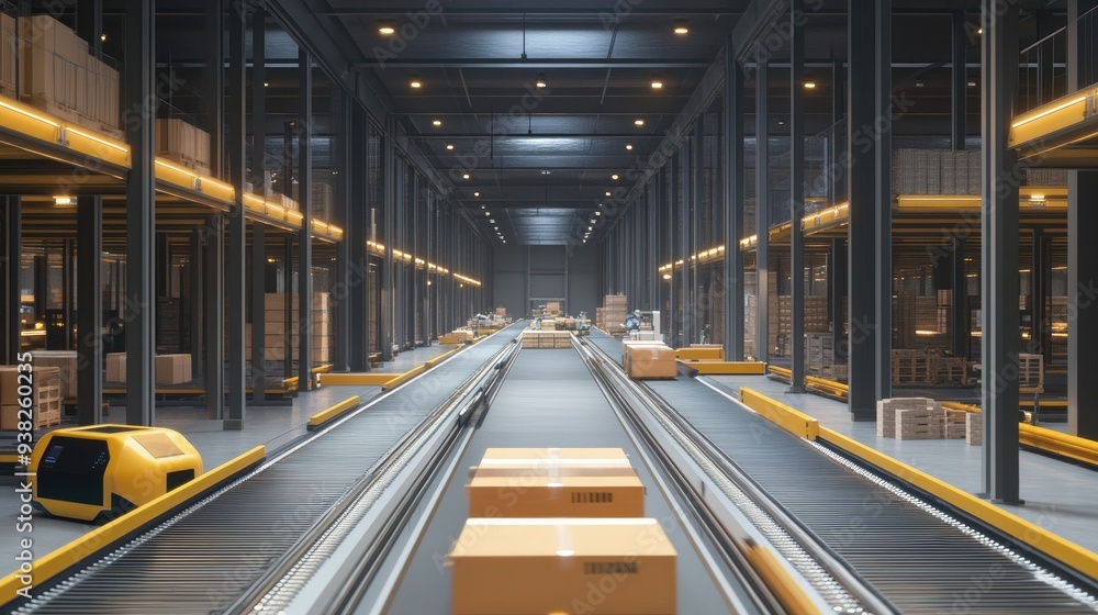 Poster an expansive view of a modern warehouse with automated conveyor belts and robotics at work.