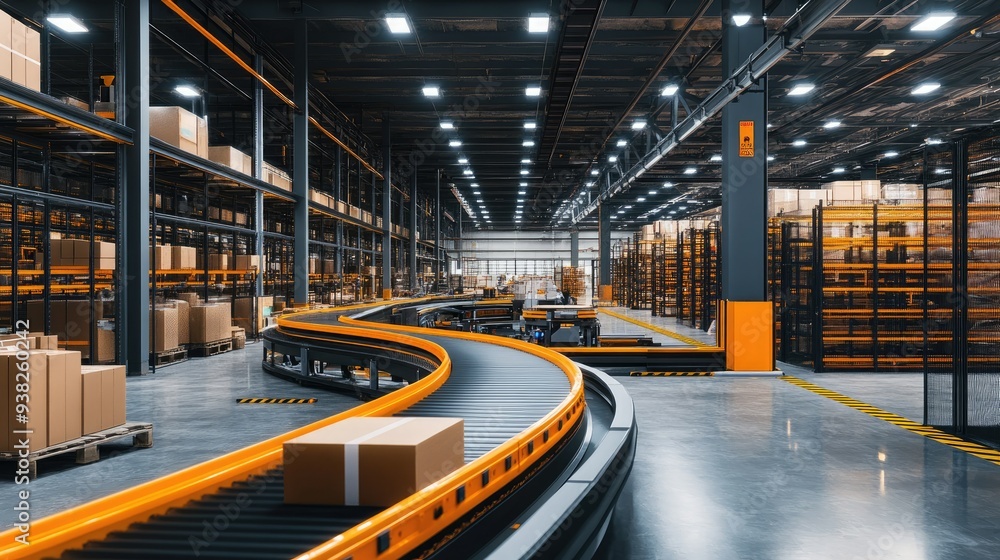 Poster an expansive view of a modern warehouse with automated conveyor belts and robotics at work.
