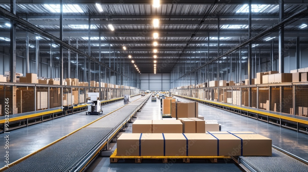 Poster an expansive view of a modern warehouse with automated conveyor belts and robotics at work.