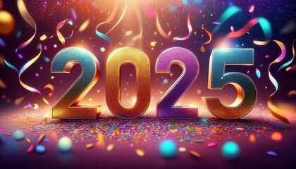 Vibrant 2025 New Year Greetings with Festive Confetti and Sparkling