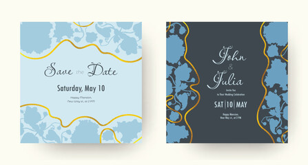 Wedding invitation layout with large floral silhouettes. Hand-drawn flower parts. Trendy festive design. Golden glittering ribbons. Romantic holiday card. Cards with two backgrounds, light and dark.