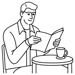 Man Reading Newspaper and Enjoying Coffee at Cafe