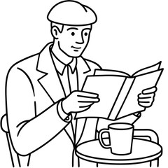 Man Reading Newspaper and Enjoying Coffee at Cafe