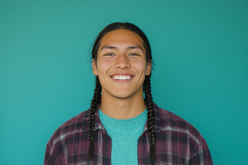 A confident, stylish Native American Indigenous young man with braided hair, smiling brightly while standing against a solid teal background, dressed in casual clothing