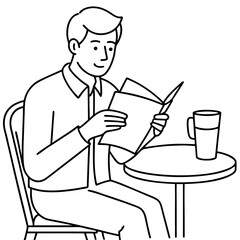 Man Reading Newspaper and Enjoying Coffee at Cafe