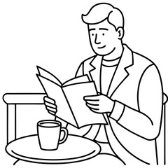 Man Reading Newspaper and Enjoying Coffee at Cafe