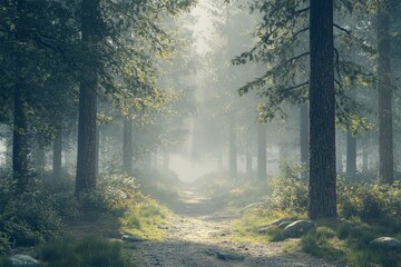 Misty forest path with tall trees and soft sunlight filtering through, serene and enchanting