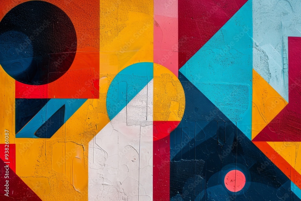 Poster colorful geometric background with red triangle and yellow triangle, minimalist composition with geo