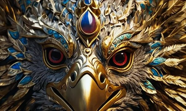 A majestic garuda, a mythical creature resembling a bird of prey with the head and wings of an eagle and the body of a human, is depicted in exquisite detail.