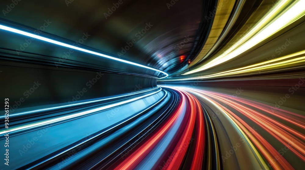 Poster bright light streaks cutting through a tunnel, generating a vibrant and dynamic visual effect full o