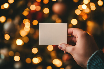 Hand Holding Blank Card with Festive Bokeh Lights 