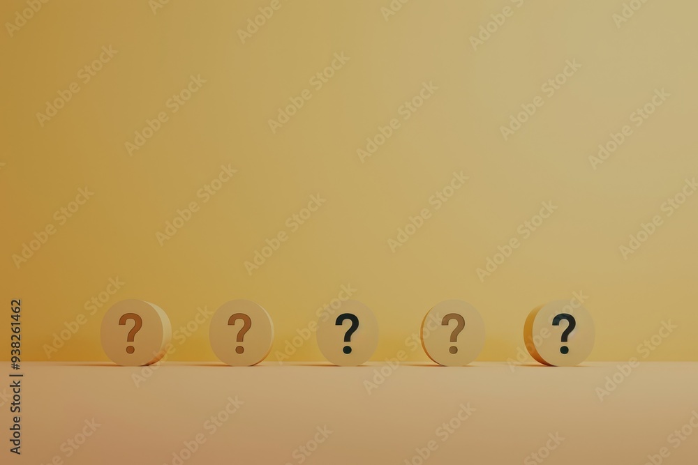 Poster row of question marks on table, minimalist representation of the four questions
