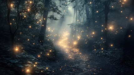 A mystical forest path with soft, glowing lights and ethereal fog, creating an enchanting and serene atmosphere.