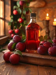 Colorful bottles of fruit juices surrounded by fresh produce on pastel background