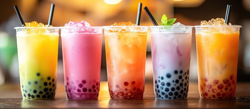 Five Refreshing Bubble Tea Drinks in a Row. Collection of cold Asian drink from tapioca pearls. AI generated image