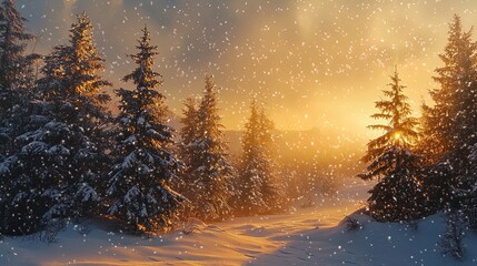 Fototapeta premium Serene Winter Wonderland: Snow-Covered Evergreens and Golden Sunset - Perfect for Sports Room Decor and Inspiring Warmth and Joy