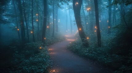 Fototapeta premium A mystical forest path with soft, glowing lights and ethereal fog, creating an enchanting and serene atmosphere.