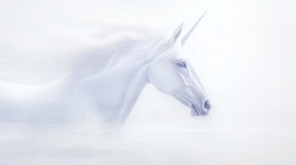 Obraz premium A white unicorn is shown in a blurry image with a misty background