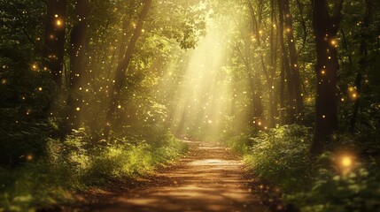 Fototapeta premium A mystical forest path bathed in soft, enchanting light with floating, magical particles creating a serene ambiance.