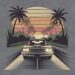 car with sunset and retro-style palm vector t shirt design 