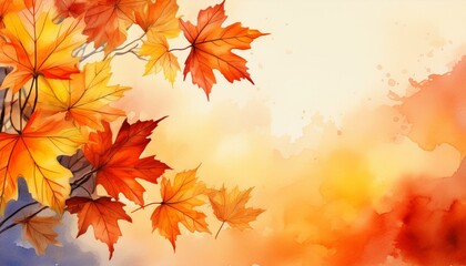 Vibrant Autumn Maple Leaves on Warm Watercolor Backdrop with Copy Space