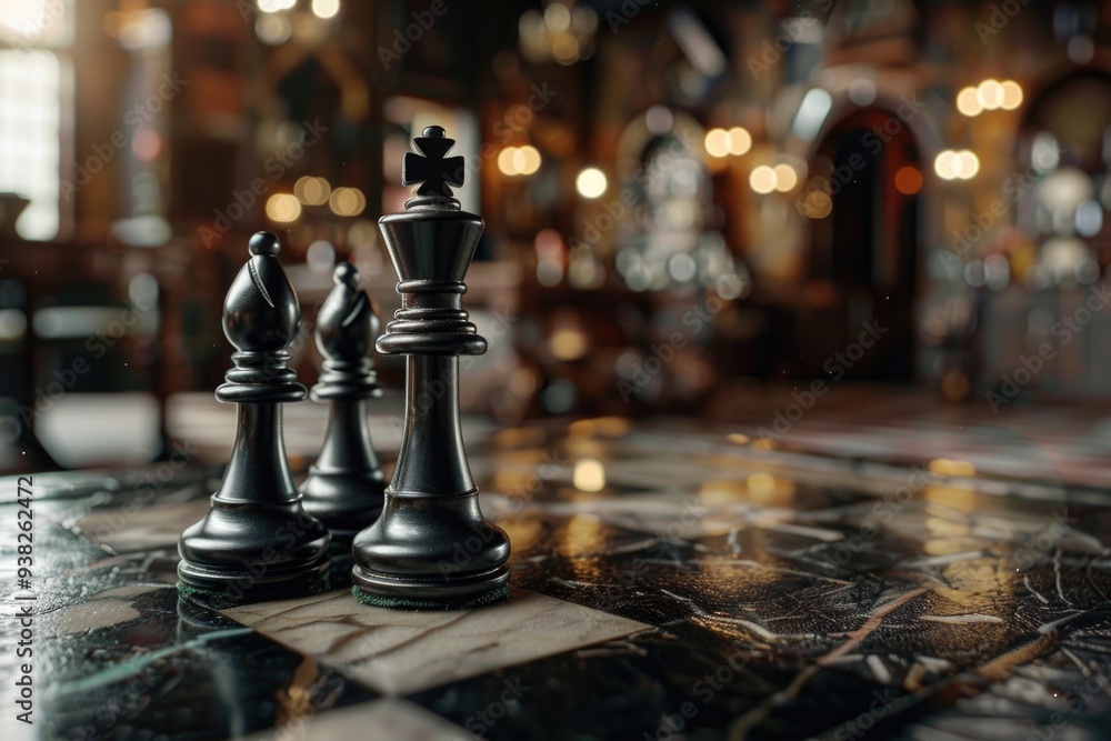 Poster close-up shot of two chess pieces on a table, perfect for highlighting strategy and focus