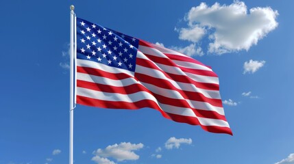Fototapeta premium Waving American Flag Against a Scenic Background – Patriotic Symbolism for Celebrations and Advertising