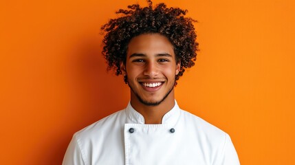 Obraz premium Confident young chef with curly hair and shining eyes, smiling warmly against a vibrant orange background.