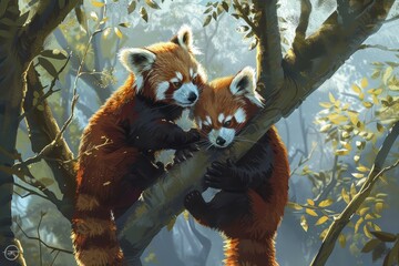 painting of red pandsleeping in tree, pair of red pandas playing in the trees