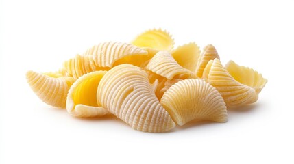Uncooked conchiglie pasta, a type of shell-shaped pasta, isolated on a white background.