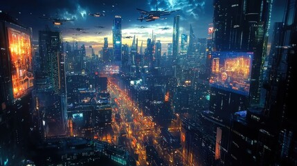 Obraz premium A sprawling futuristic city with towering glass and metal skyscrapers, sleek organic designs, and floating platforms connecting buildings. The sky is bustling with drones and flying cars.
