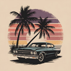 car with sunset and retro-style palm vector t shirt design 
