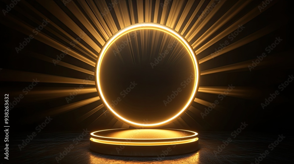Poster empty golden podium with neon round frame and rays of light, set against a dark abstract background.