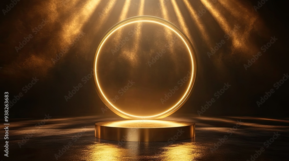 Poster empty golden podium with neon round frame and rays of light, set against a dark abstract background.