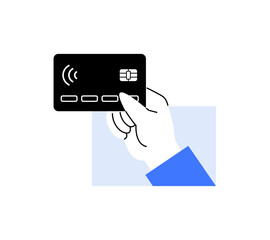 A hand holding a credit card featuring contactless payment symbol. Financial transaction, fintech, banking, secure payments, mobile wallet concepts are illustrated in this vector.