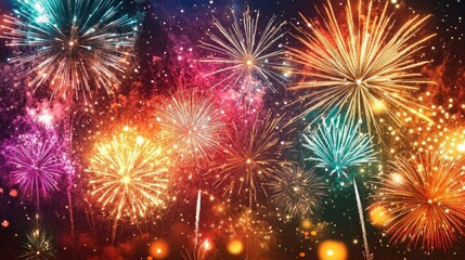 Fototapeta premium Fireworks exploding in a brilliant array of colors against a starry night sky, evoking excitement.