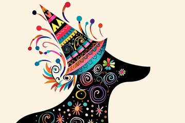 whimsically charming adorned with a party hat, showcasing a delightful sense of humor in a festive environment vector, illustration, animal, design, horse, tribal, art, decoration, pattern, silhouette