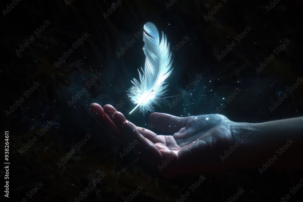 Poster A close-up shot of a person holding a feather in their hand, suitable for various applications including art and design projects