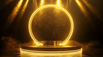 Golden award platform surrounded by neon circular frame, glowing softly with radiating light beams.