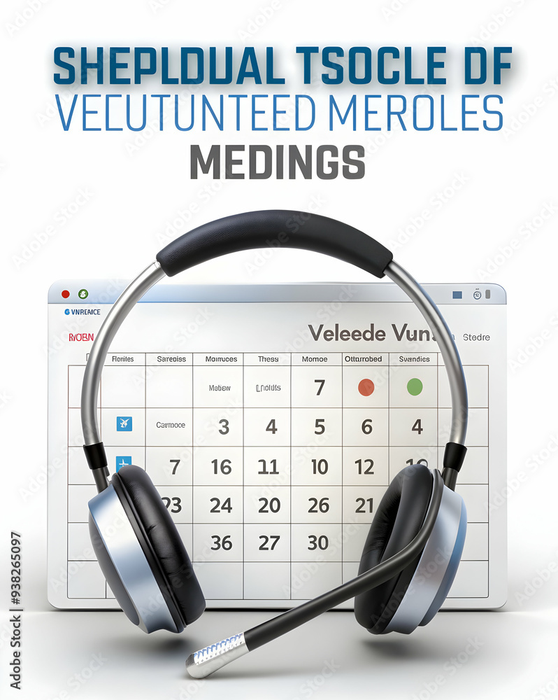 Poster headset and calendar icons emphasize scheduled meetings in minimalist setting on white background. h