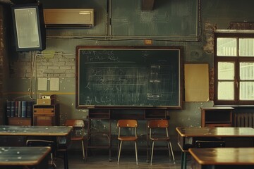classroom with chalkboard and several chairs, retro classroom with vintage desks, chalkboards, and old textbooks