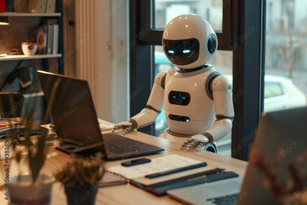 Fototapete robot sitting at table in restaurant, robotic ai assistant helping an employee with daily tasks