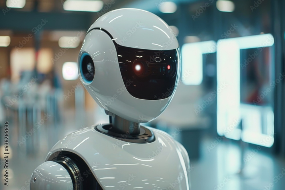 Aufkleber robot sitting at table in restaurant, robotic ai assistant helping an employee with daily tasks