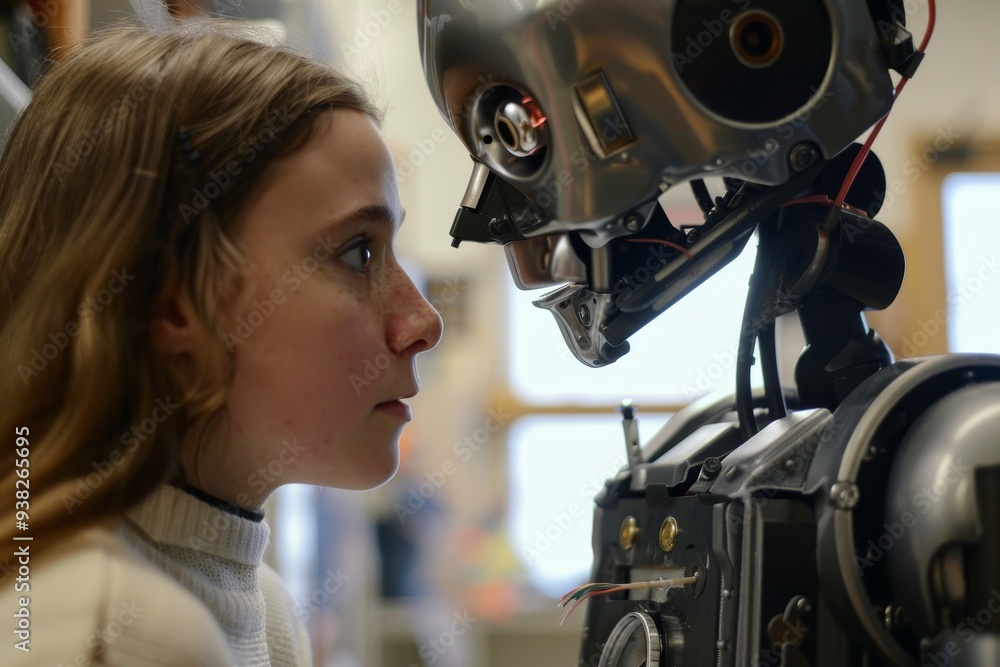 Poster woman looking at robot head on camera, robot learns the value of empathy in human interactions