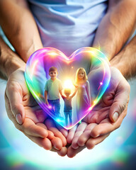 Holographic family hands with glowing heart on white background symbolize unity and love. Ideal for social campaigns and promotions. Available in photo stock.
