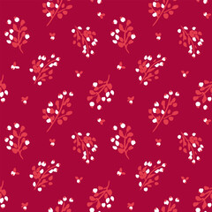 All over vector seamless repeat pattern with ditsy tossed white and red flowers on cranberry background. Christmas ditsy floral backdrop in cheerful reds.