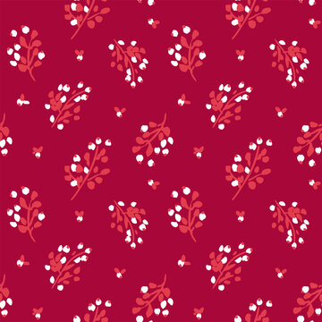 All over vector seamless repeat pattern with ditsy tossed white and red flowers on cranberry background. Christmas ditsy floral backdrop in cheerful reds.