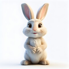 A cute cartoon bunny rabbit with big brown eyes and a soft white coat sits against a white background 